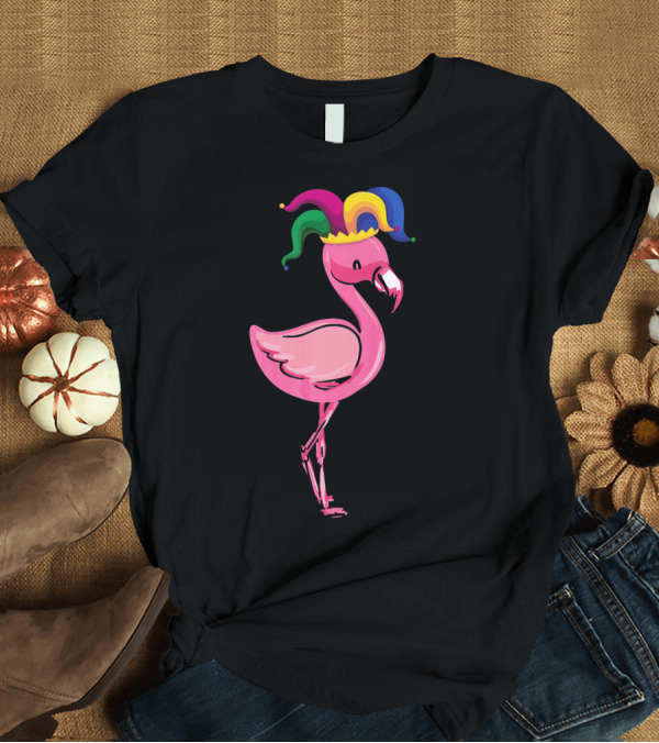 T-Shirt: Flamingo With Jester Hat Mardi Gras Costume T-Shirt Flamingo With Jester Hat Mardi Gras Costume T-Shirt