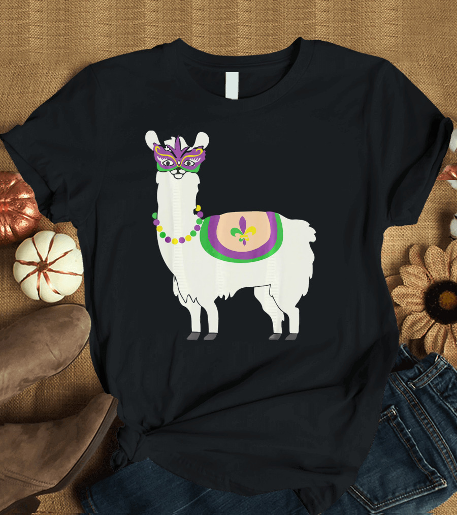 Mardi Gras Llama with Fleur-de-Lis Beads and Mask for Funny Carnival Party T-Shirt