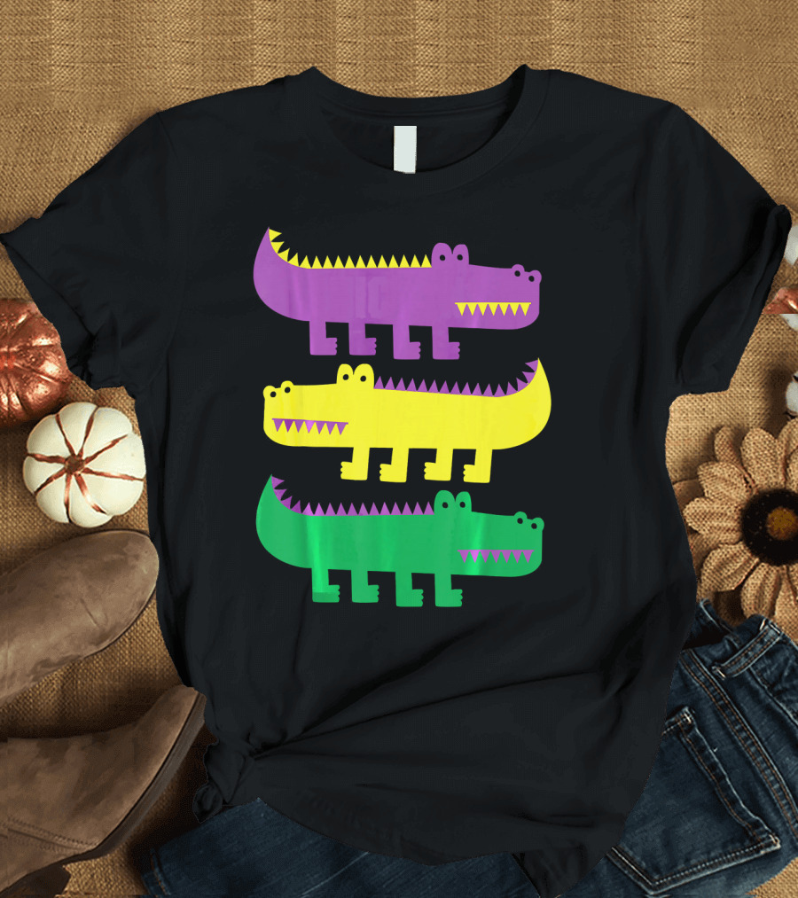 Mardi Gras Happy Alligator Crocodile Fun Purple Yellow Green Trio T-Shirt