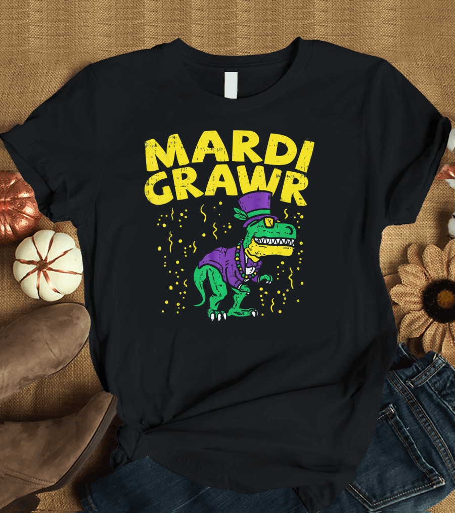 Mardi Grawr Rex Dinosaur Funny Mardi with Top Hat and Beads in Festive Colors T-Shirt