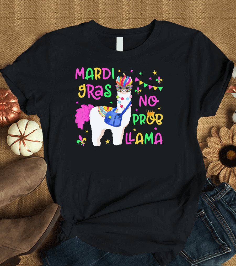 Mardi Gras No Probllama Festive Llama with Mask and Beads T-Shirt