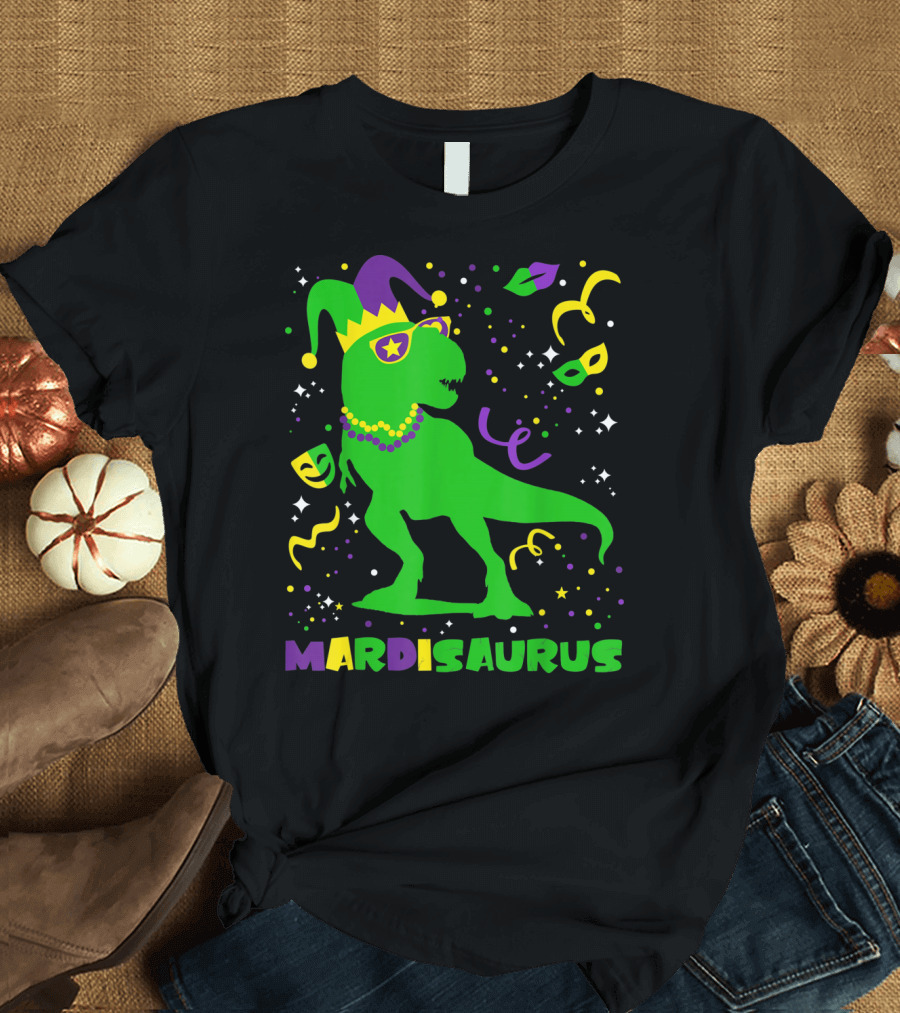 Mardi Gras Dinosaur Mardisaurus Jester Hat Beads Masks Party T-Shirt