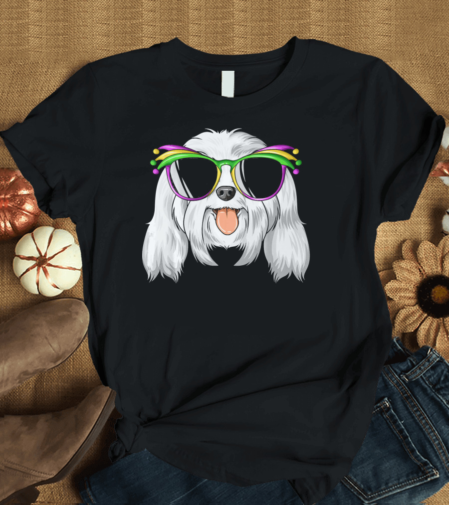 Maltese Dog with Mardi Gras Carnival Mask and Sunglasses T-Shirt