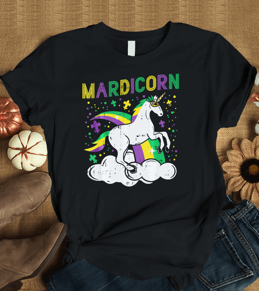 Mardicorn Retro Unicorn Jester Animal Mardi Gras Fleur-de-Lis Clouds T-Shirt