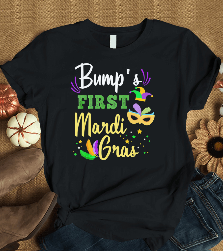 Bump's First Mardi Gras Jester Hat Mask Feathers Stars T-Shirt