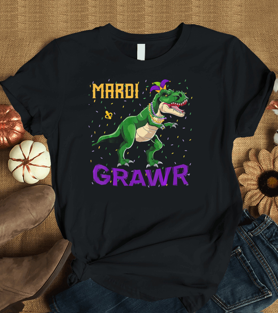 Mardi Gras Dinosaur Rex Grawr Festive Beads and Fleur-de-lis T-Shirt