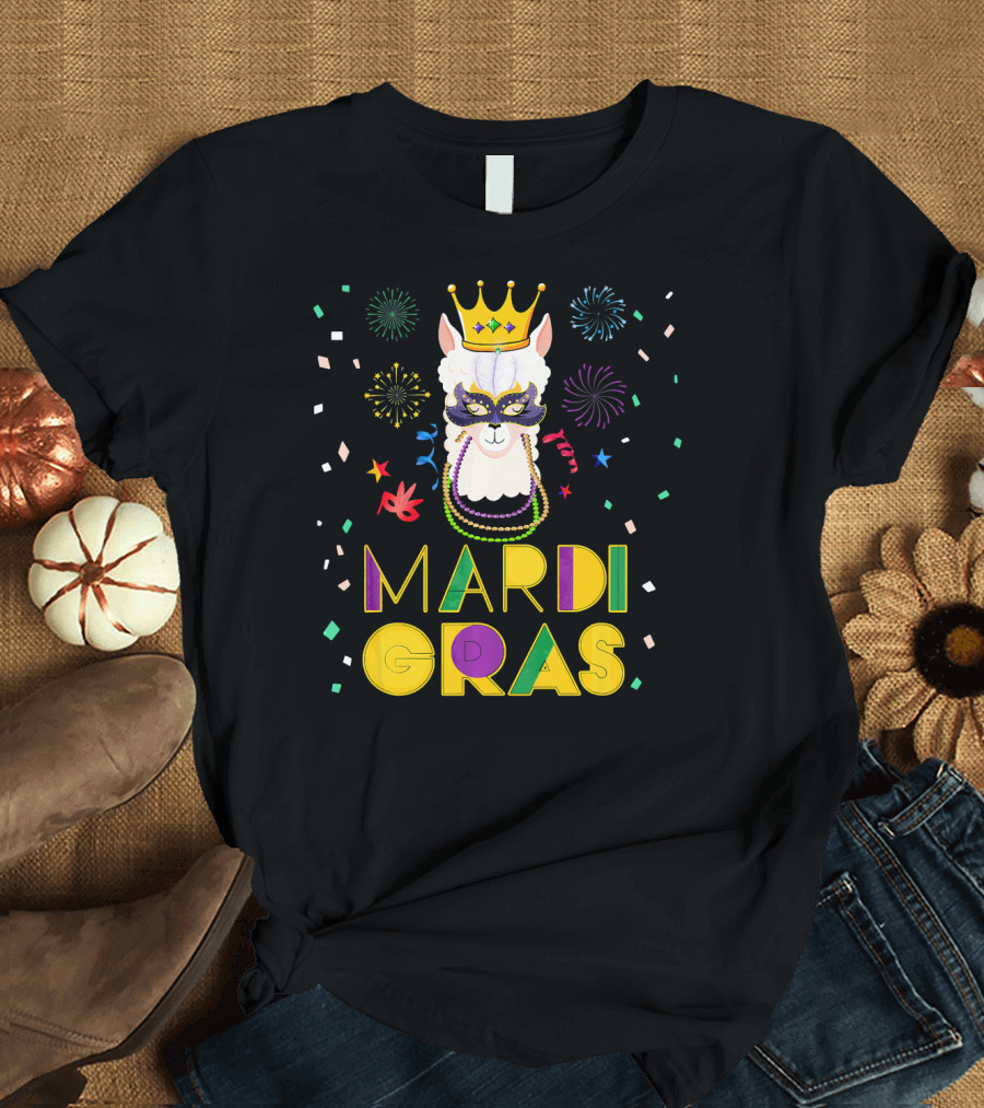 Mardi Gras Llama Alpaca Crowns Beads Fun Mask Fireworks T-Shirt