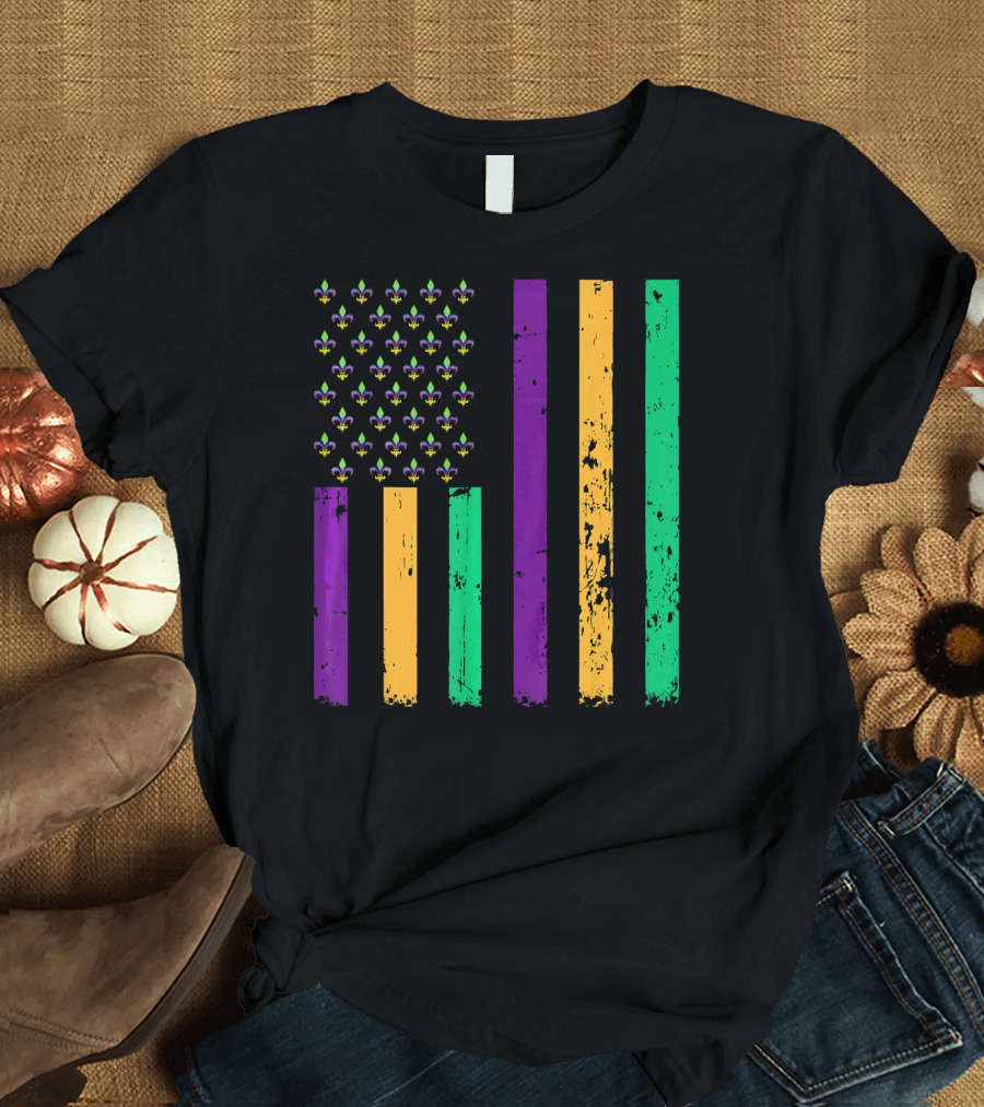 Vintage Fleur-de-Lis Mardi Gras American Flag T-Shirt