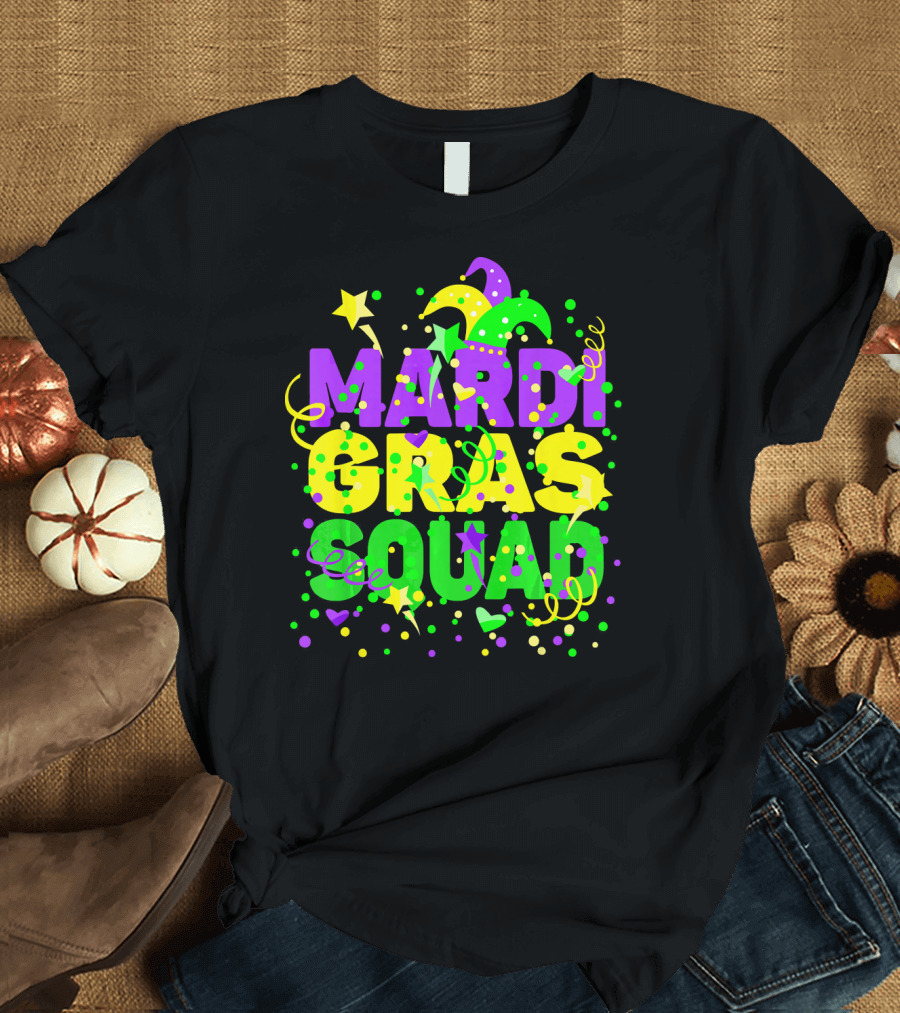 Mardi Gras Squad Stars and Celebration Elements T-Shirt