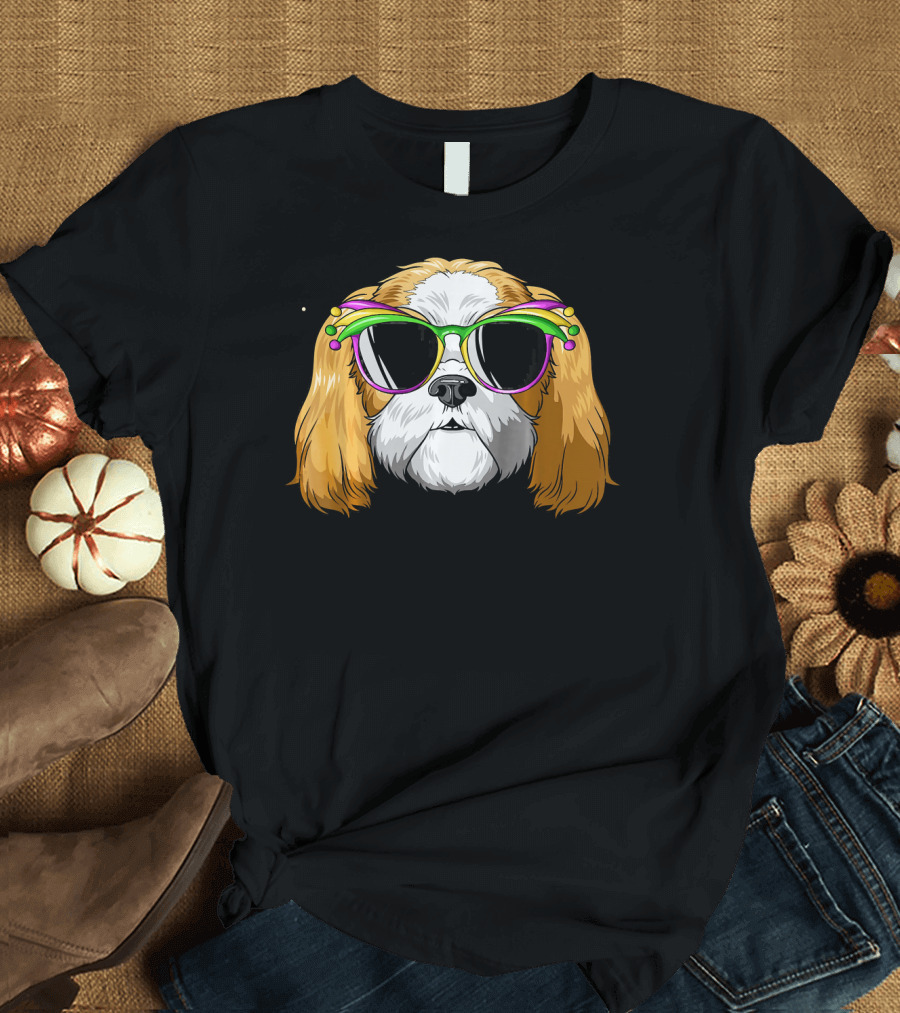 Shih Tzu Wearing Colorful Mardi Gras Carnival Mask Glasses T-Shirt