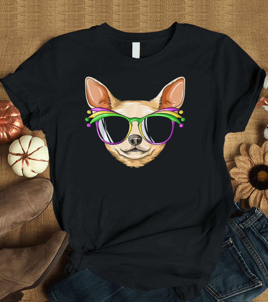 Chihuahua Mardi Gras Carnival Mask Sunglasses T-Shirt