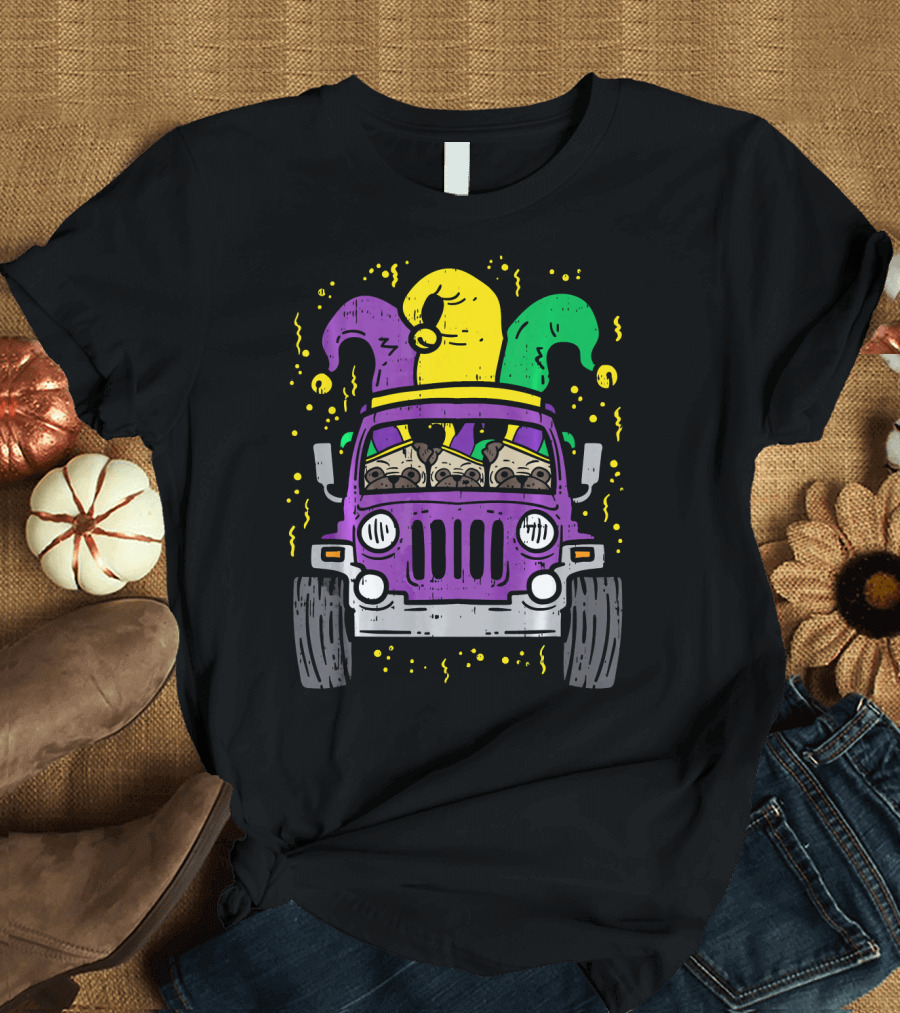 Mardi Gras Jester Pug Dogs in Purple Car T-Shirt