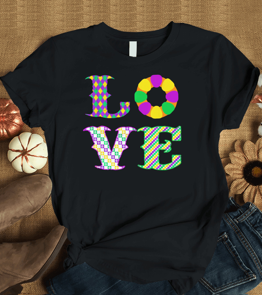Mardi Gras Love Harlequin Pattern New Orleans T-Shirt