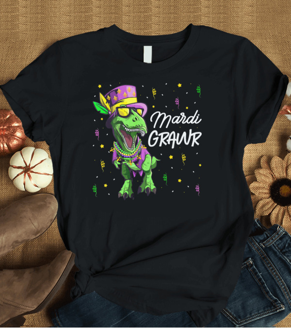 T-Shirt: Mardi Grawr T-Rex Dinosaur Mardi Gras Beads and Hat T-Shirt Mardi Grawr T-Rex Dinosaur Mardi Gras Beads and Hat T-Shirt