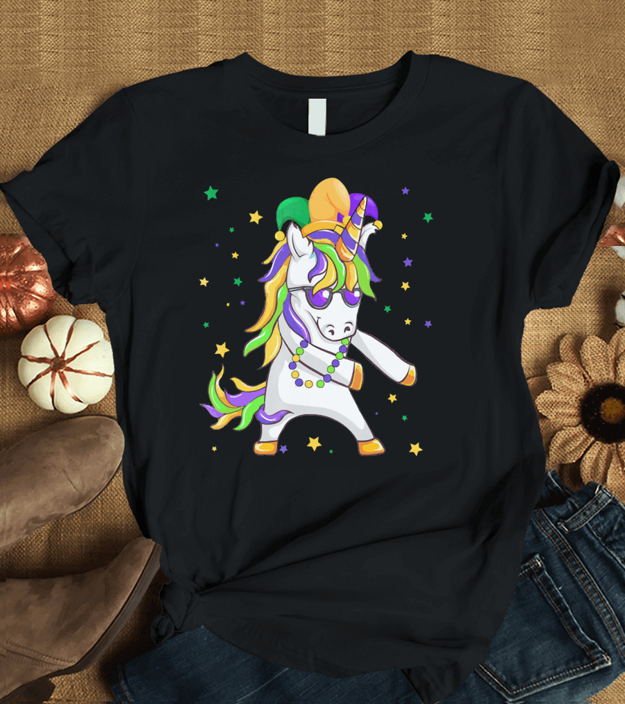Flossing Unicorn with Mardi Gras Colors and Beads T-Shirt