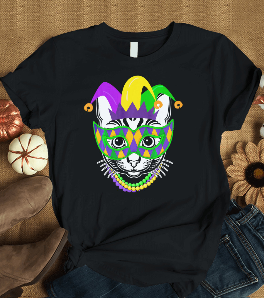 Mardi Gras Cat Jester Mask Beads Kitty Lovers T-Shirt