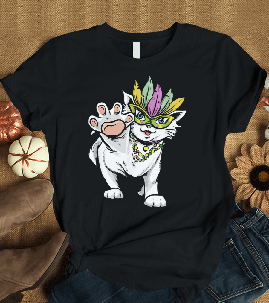 White Cat Mardi Gras Good Luck and Happiness T-Shirt