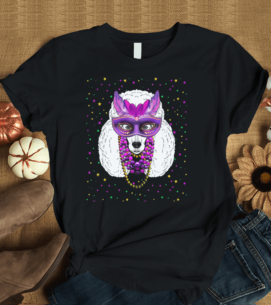 Mardi Gras Poodle with Funny Beads and Masquerade Mask T-Shirt