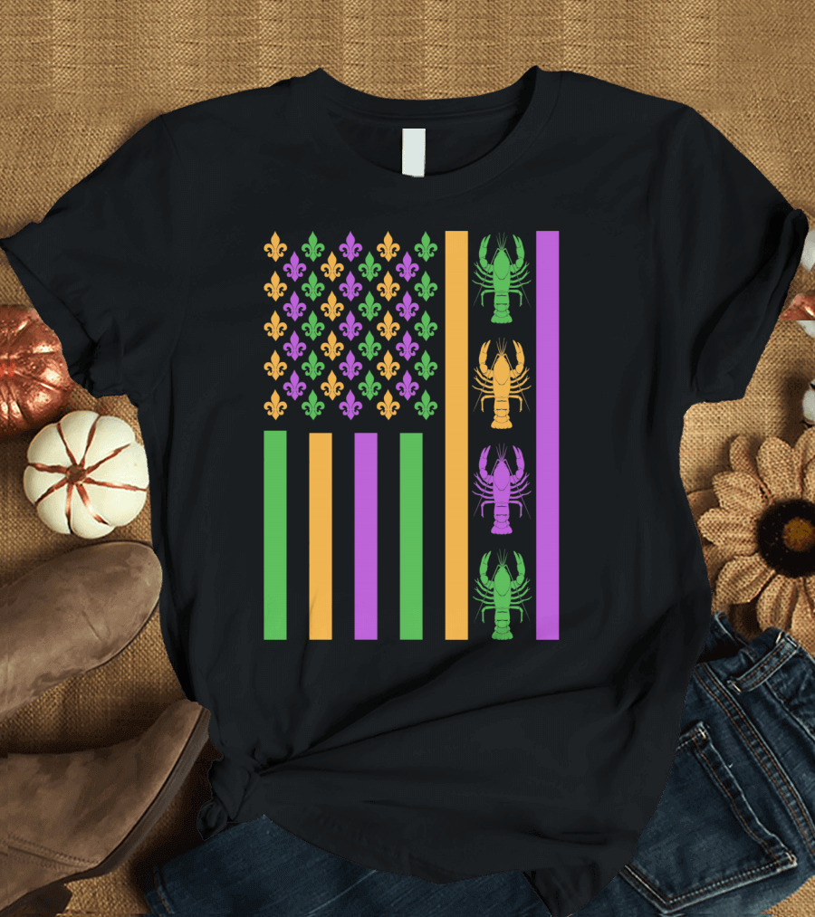 Mardi Gras Flag with Fleur-de-Lis and Crawfish Design in Purple Green and Gold T-Shirt