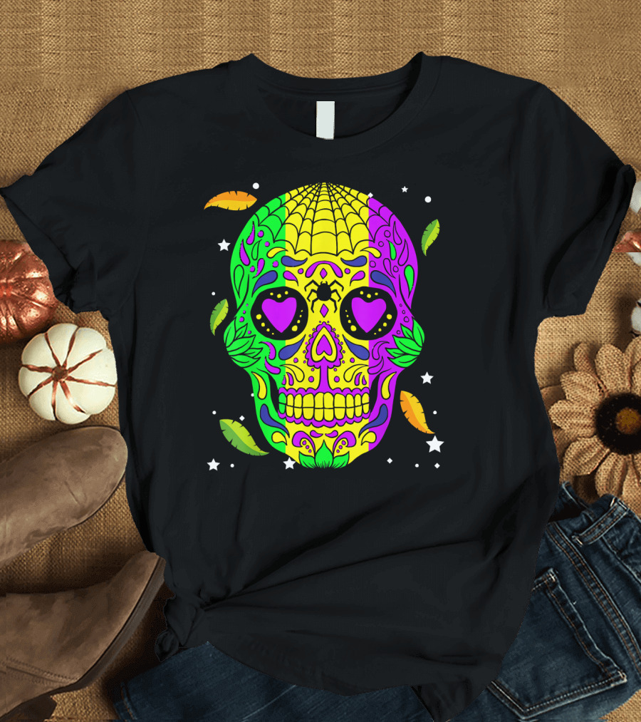 Mardi Gras Skull Jester Hat Colorful Feather T-Shirt