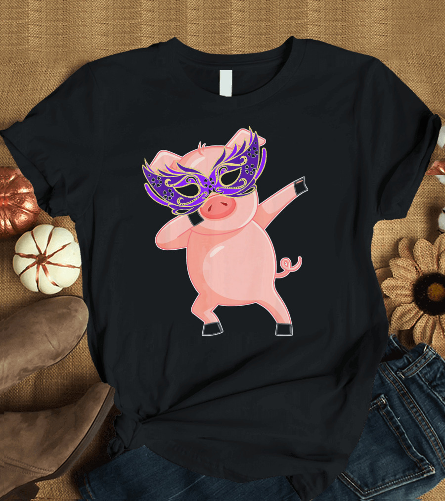 Mardi Gras Pig with Purple Mask Dabbing T-Shirt