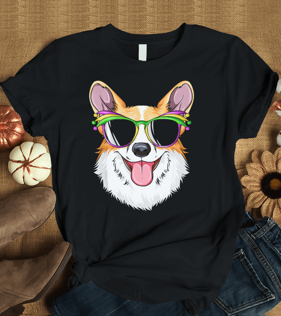 Mardi Gras Corgi with Carnival Mask and Glasses T-Shirt