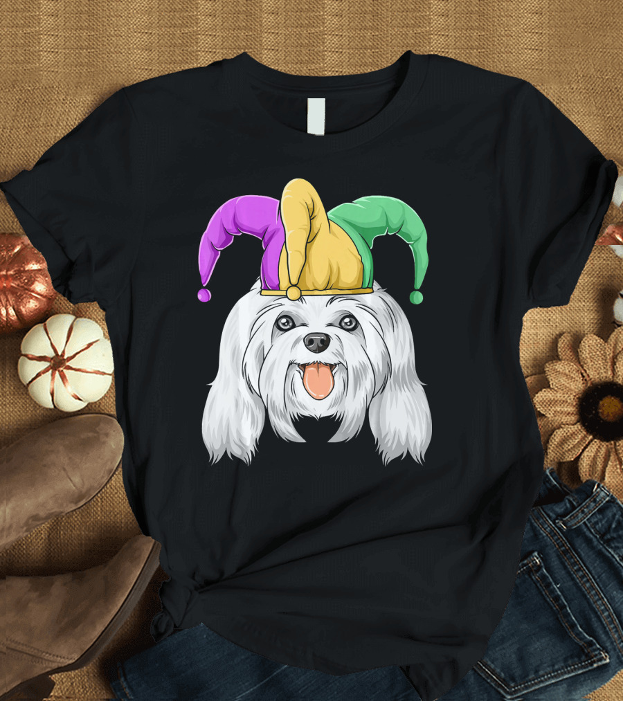 Mardi Gras Carnival Hat Maltese Dog Jester T-Shirt