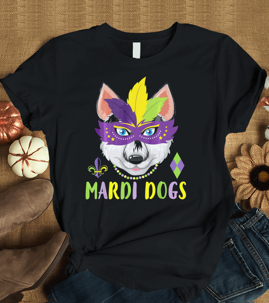 Mardi Dogs Siberian Husky Mask Beads Fleur-de-Lis T-Shirt