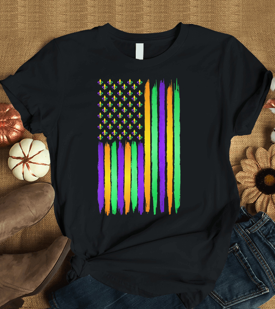 American Flag Fleur de Lis USA Flag Mardi Gras Colors T-Shirt
