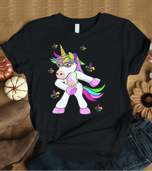 T-Shirt: Mardi Gras Flossing Unicorn Fleur De Lis Mask Feathers Beads T-Shirt Mardi Gras Flossing Unicorn Fleur De Lis Mask Feathers Beads T-Shirt