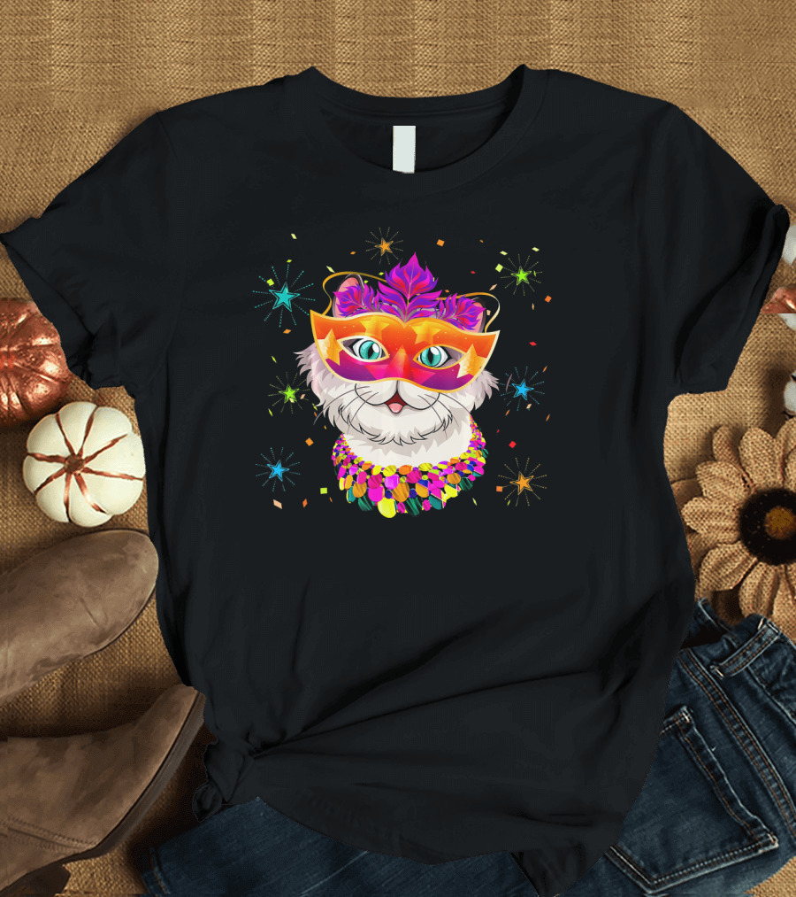 Mardi Gras Cat with Festive Mask and Beads for Cat Lovers T-Shirt