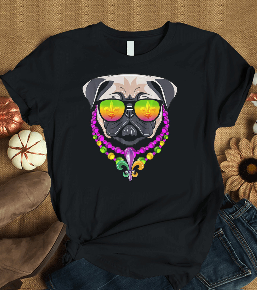 Mardi Gras Pug with Beads and Fleur-de-Lis Sunglasses T-Shirt
