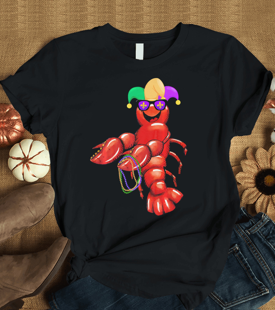 Flossing Mardi Gras Bead Jester Hat Crawfish with Sunglasses T-Shirt