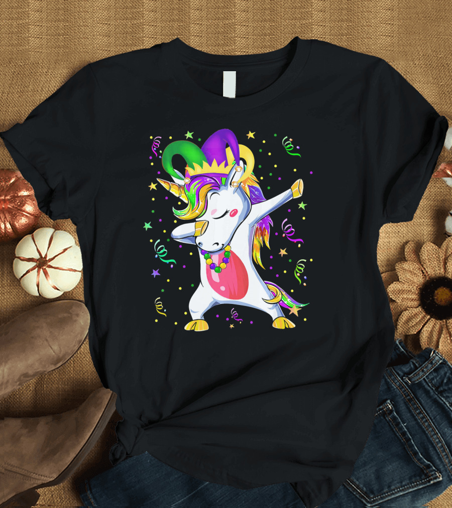 Mardi Gras Unicorn Dabbing Celebration with Beads and Jester Hat T-Shirt