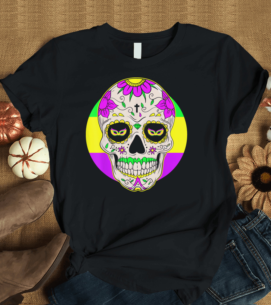 Mardi Gras Sugar Skull with Jester Hat and Mask Elements T-Shirt