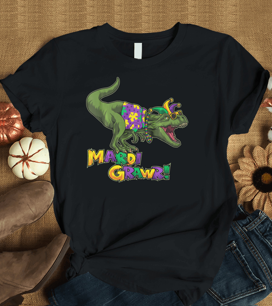 Mardi Grawr Dinosaur in Festive Jester Hat and Beads T-Shirt