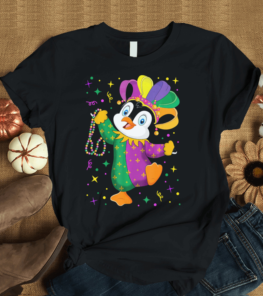 Cute Penguin Jester with Mardi Gras Colors and Beads T-Shirt