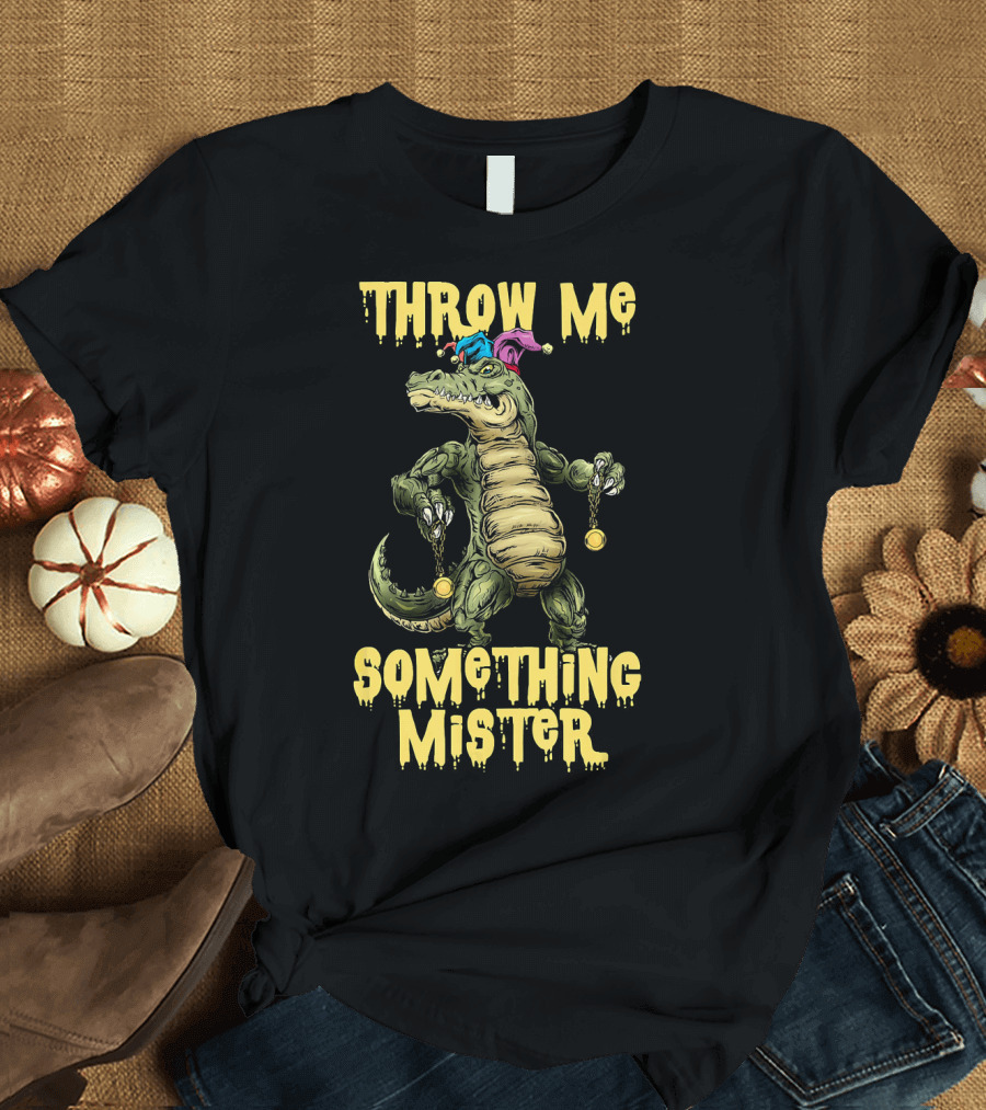 Throw Me Something Mister Mardi Gras Alligator with Beads and Jester Hat T-Shirt