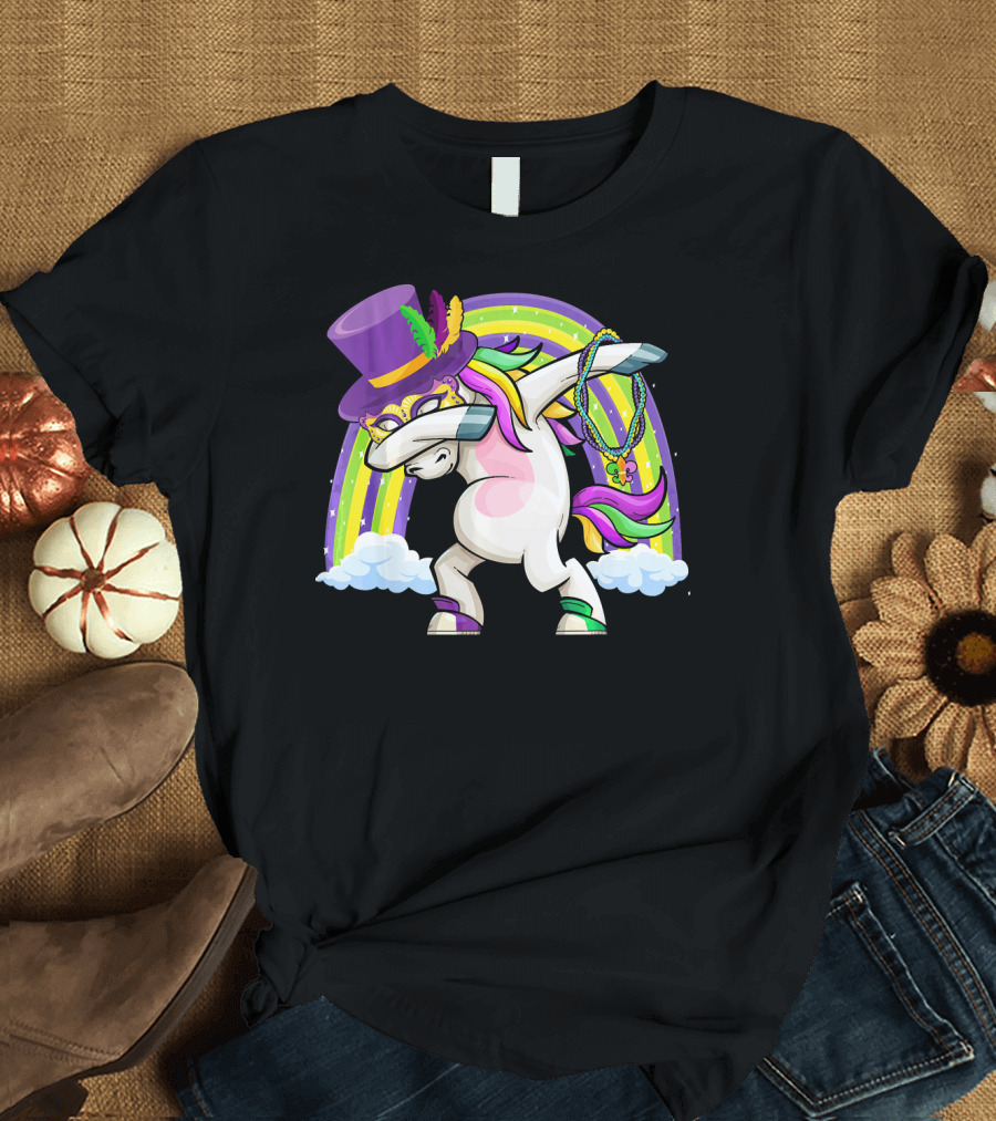 Mardi Gras Dabbing Unicorn Masked with Beads and Hat T-Shirt
