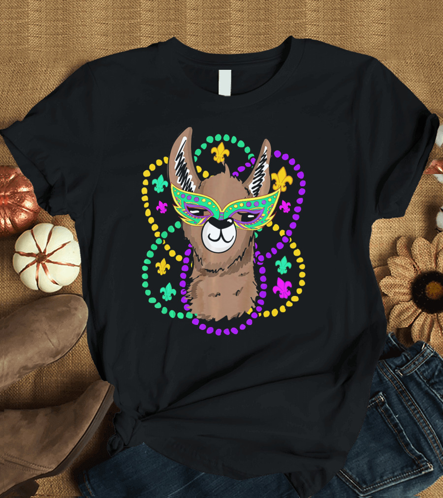 Mardi Gras Llama Mask and Beads with Fleur-de-Lis T-Shirt