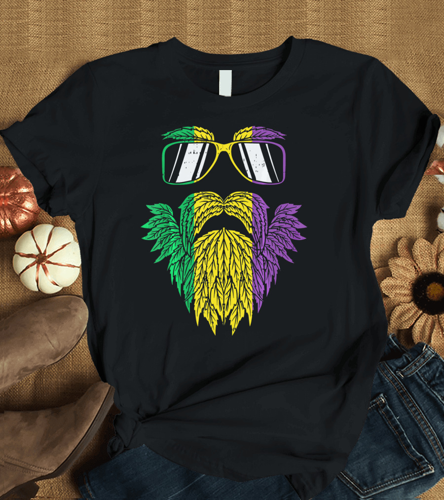 Purple Green Yellow Beard Sunglasses Mardi Gras Hipster T-Shirt