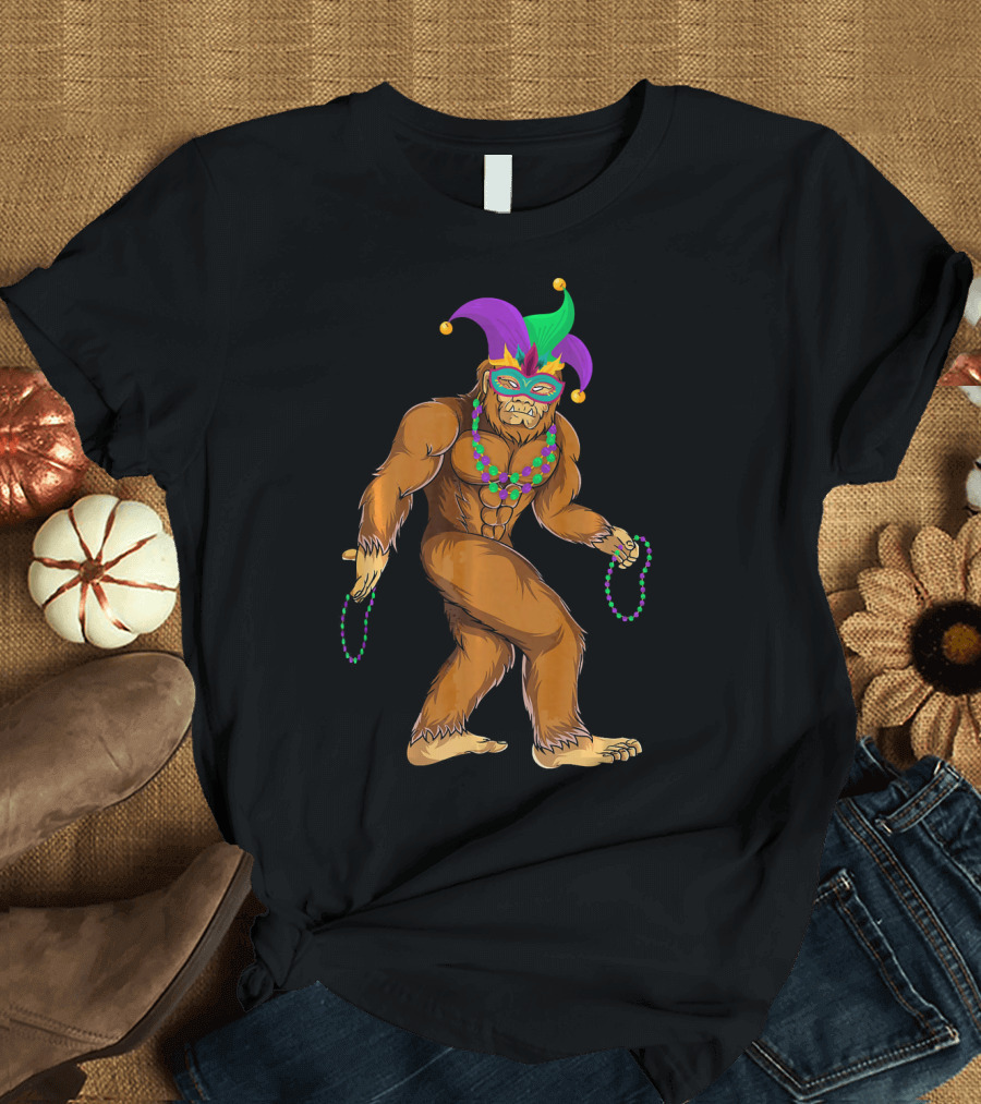 Mardi Gras Bigfoot Wearing Jester Hat Mask and Beads T-Shirt