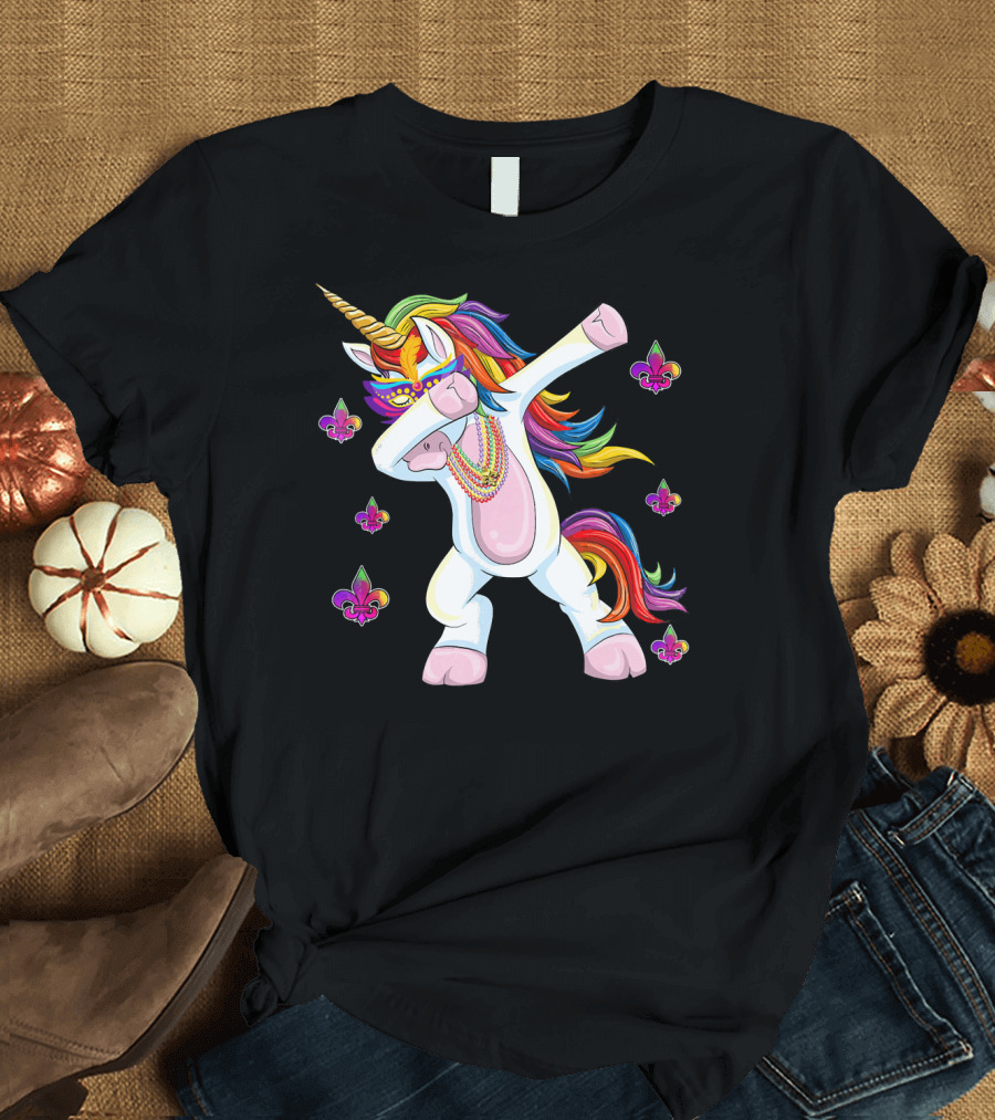 Mardi Gras New Orleans Unicorn Dabbing Fleur-de-Lis Beads T-Shirt