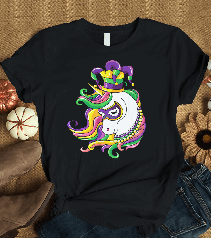 Jester Hat Rainbow Unicorn Mardi Gras Beads T-Shirt