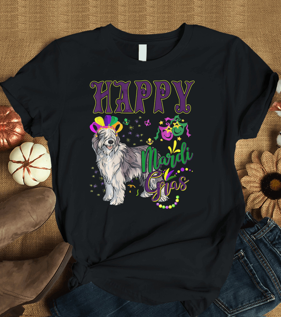 HAPPY Mardi Gras Olde English Sheepdog Mask Beads T-Shirt
