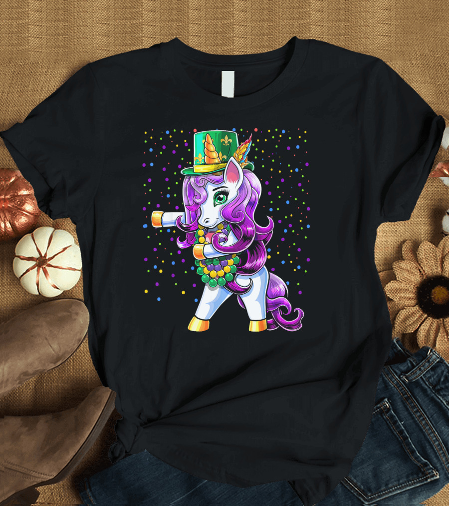 Mardi Gras Unicorn Flossing With Jester Hat And Beads T-Shirt