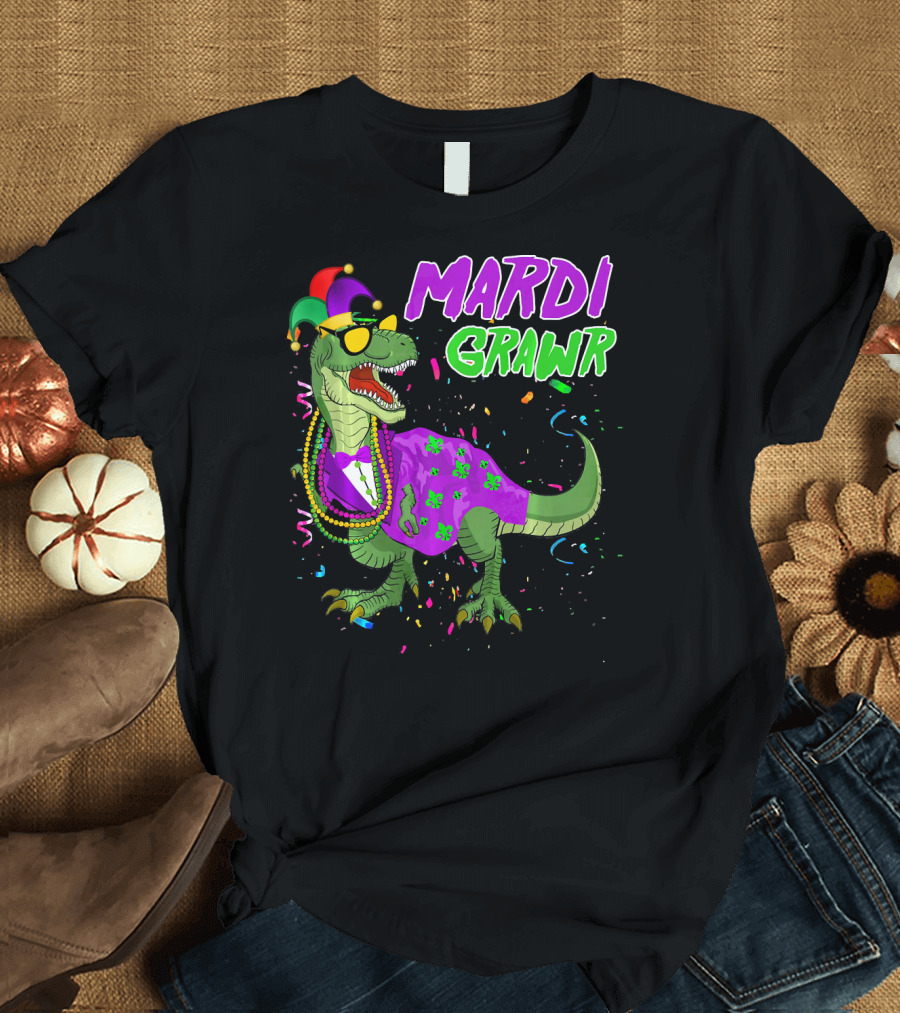 Mardi Grawr Dinosaur in Beads and Jester Hat with Confetti T-Shirt