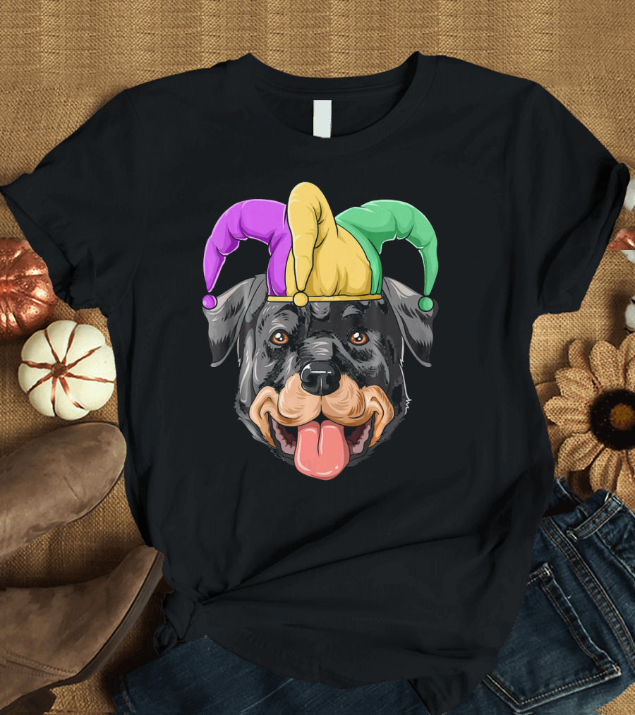 Mardi Gras Rottweiler Carnival Hat Jester Colors T-Shirt