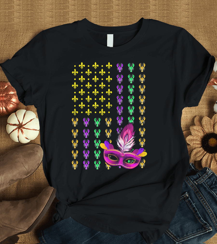Crawfish Fleur-de-Lis Mardi Gras Mask American Flag T-Shirt