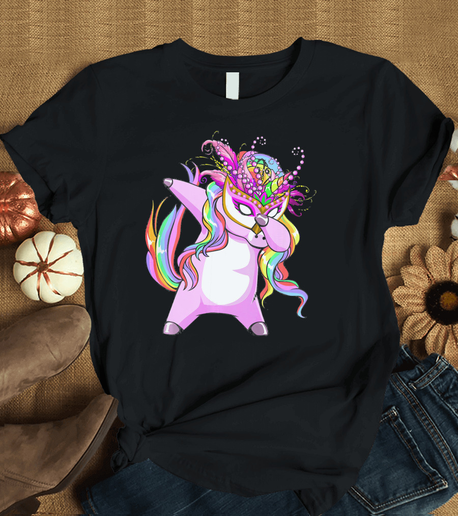 Dabbing Mardi Gras Masked Unicorn with Colorful Mane T-Shirt